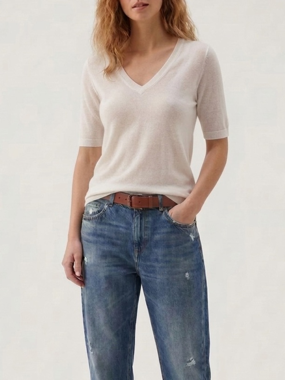 Woolrich Modal Cashmere Deep V Half Sleeve Tee Cream Large Semi Sheer
